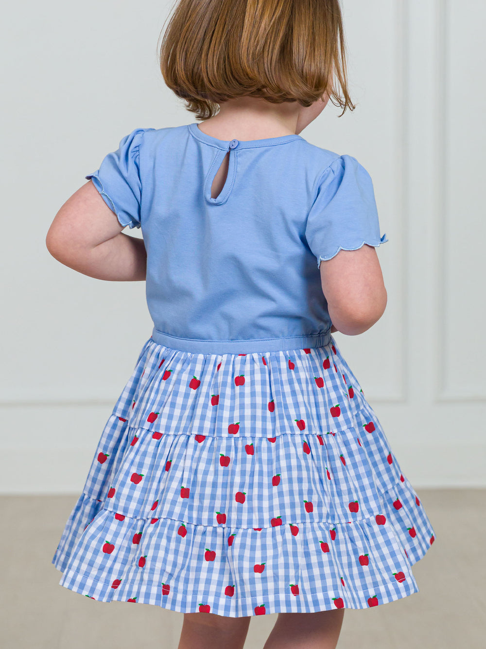 Apple Orchard Mixed Media Short Sleeve Tiered Dress by Ruffle Butts - back view